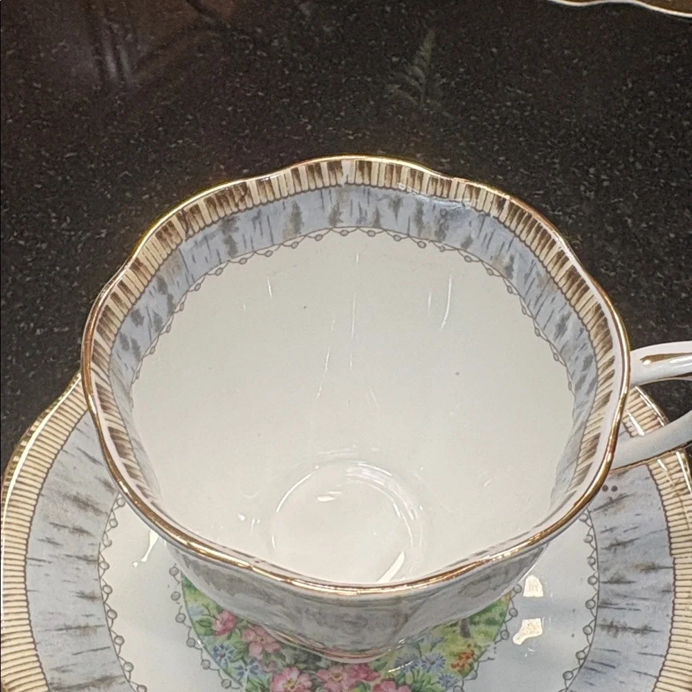 Vintage Royal Albert Floral Silver Birch Bone China Cup & Saucer with Gold Trim
